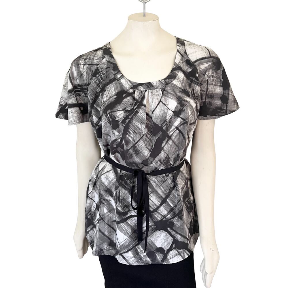 VERA WANG Abstract Printed Art to Wear Scoop Neck Blouse with Waist tie  SZ 14